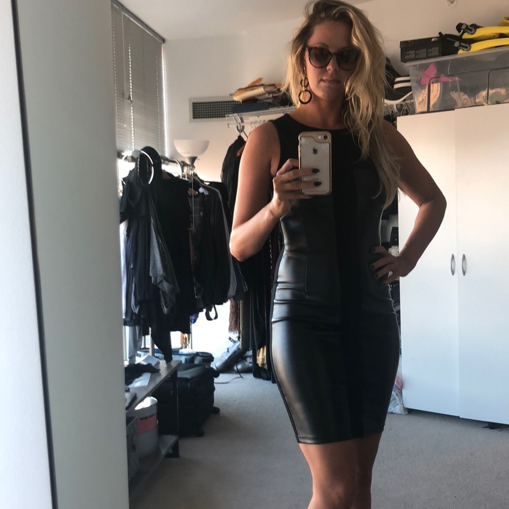Faux leather panel black mini dress